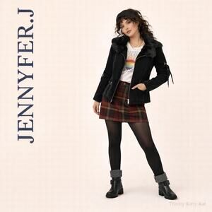 Jennyfer.J Corduroy Jacket Rabbit Fur Trim Zip Front Cinched Waist Black Y2K M